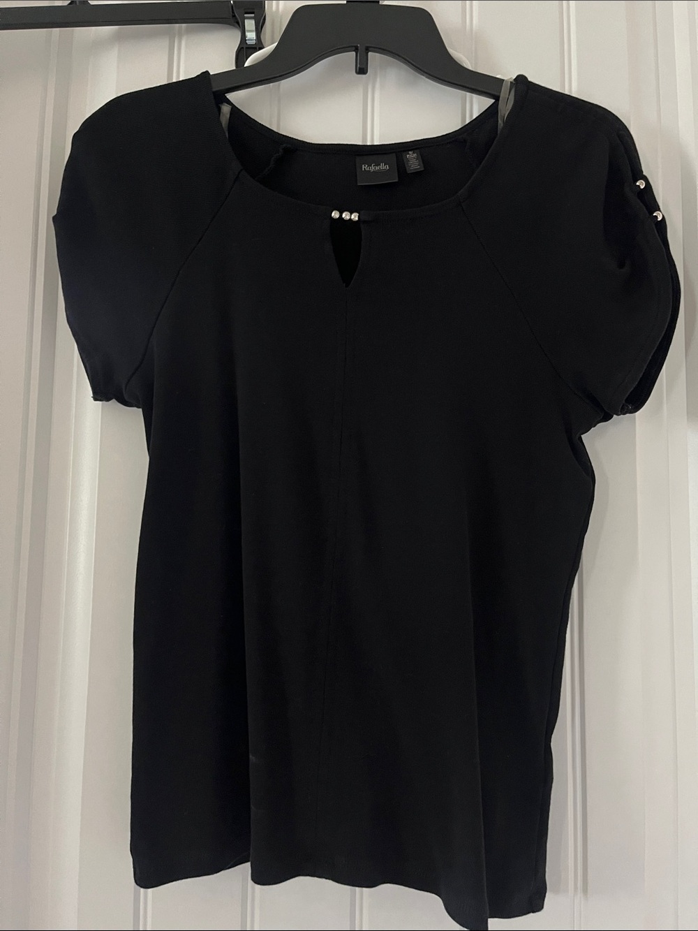 Rafaella Black Short-Sleeve Blouse with Pearl Accent